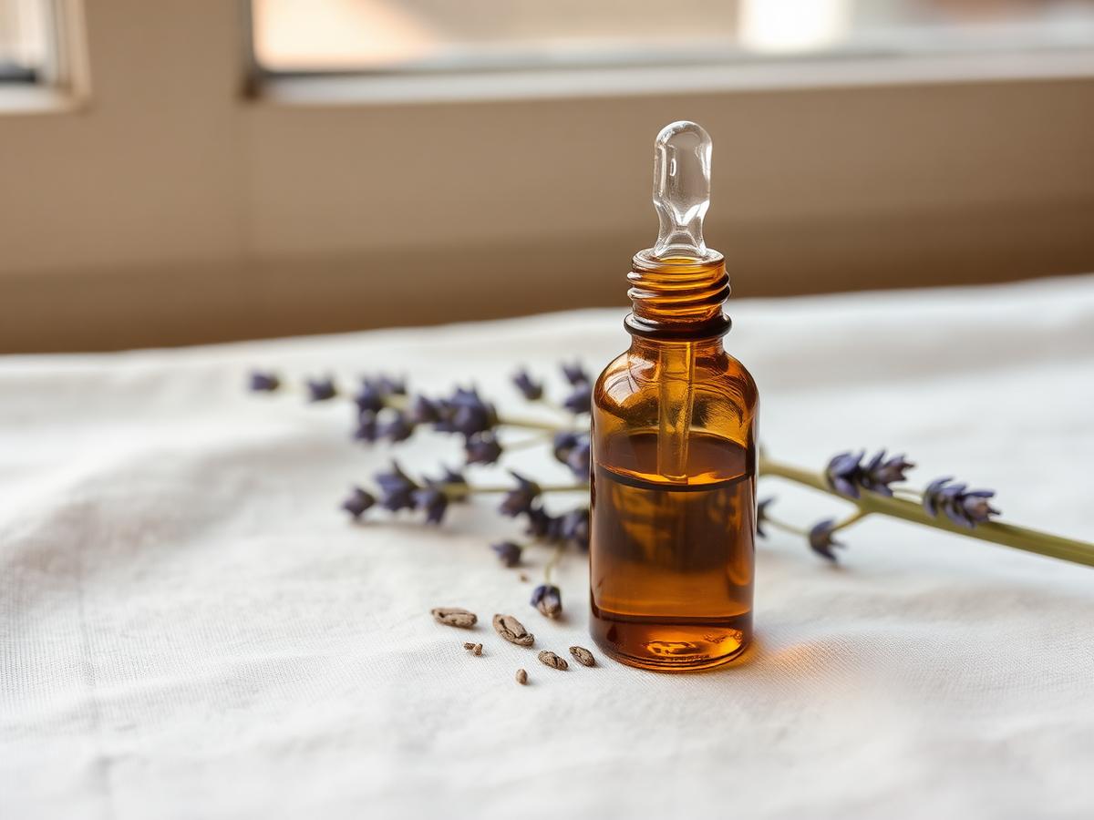Braunes Fläschchen mit ätherischem Öl und Lavendel