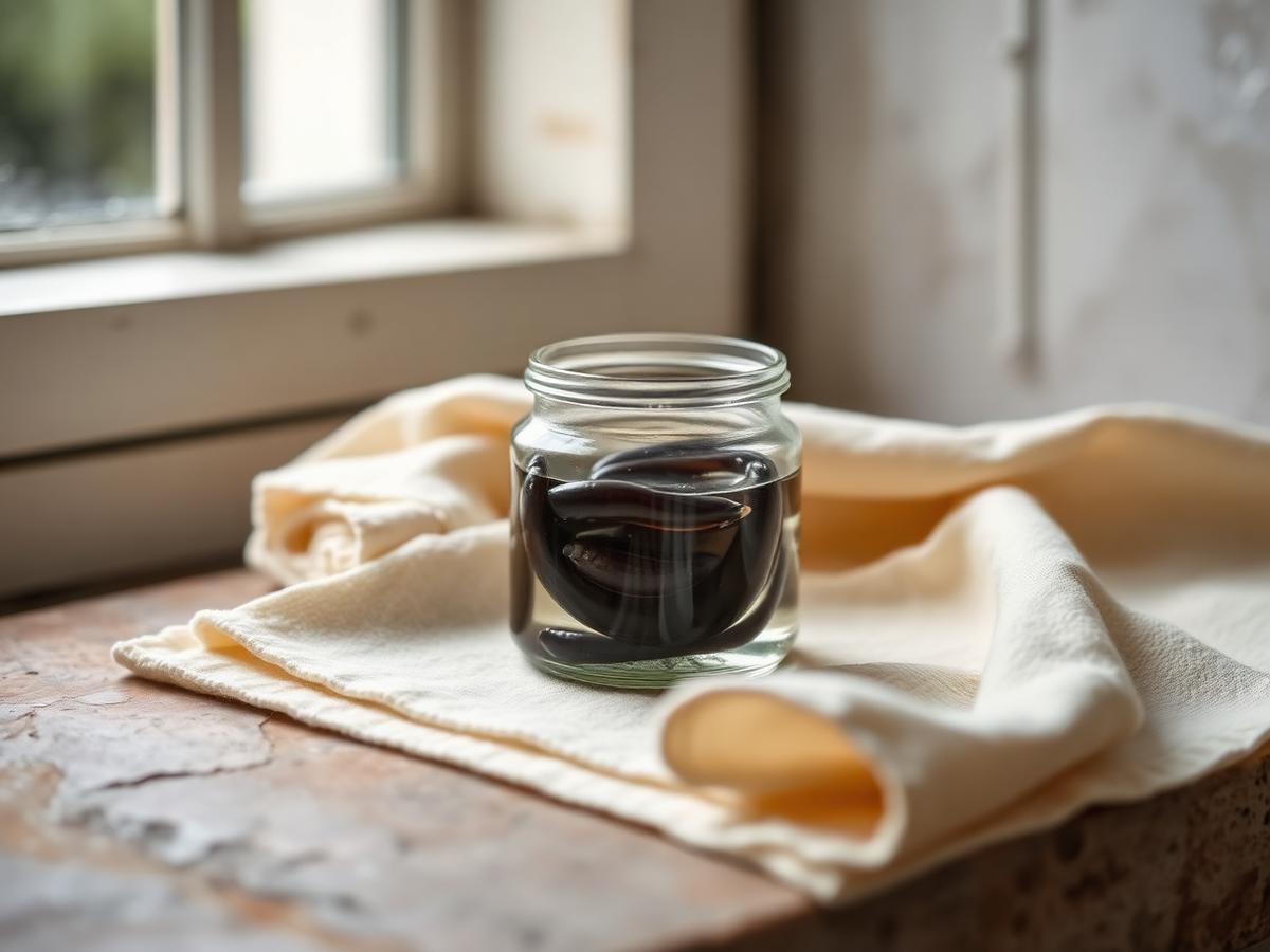 Medizinische Blutegel in einem Glas auf einem Leinentuch