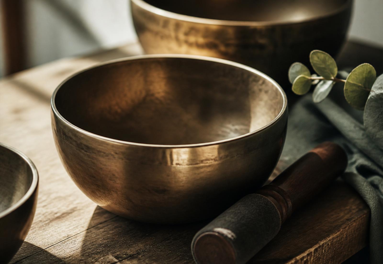Tibetische Klangschalen aus Bronze mit Holzklöppel auf warmem Holz