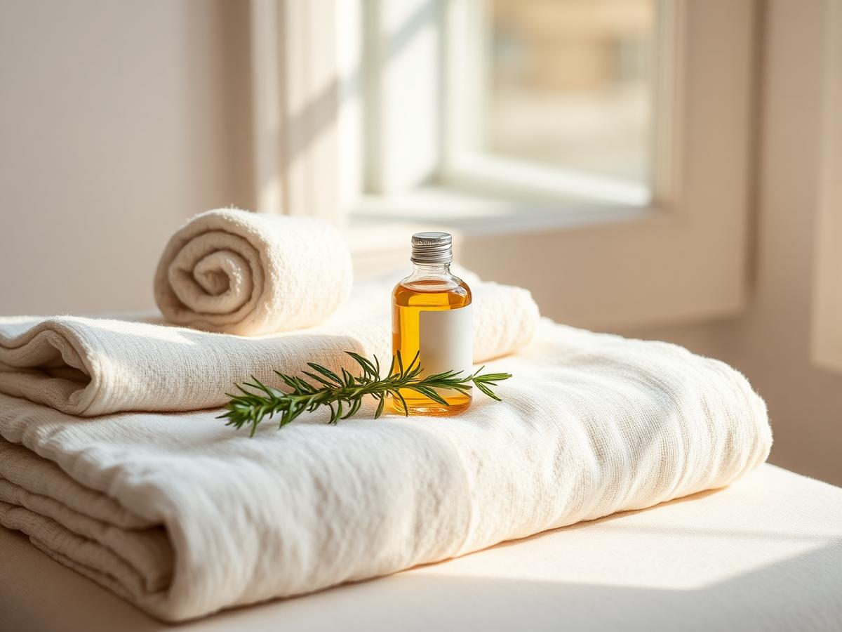 Massageöl und gerollte Leinentücher am Fenster